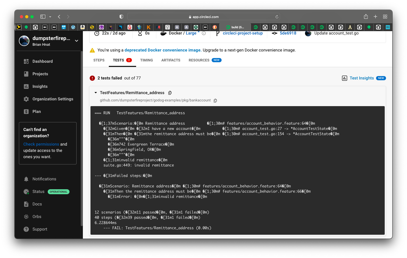 The test tab for a failing test, details expanded